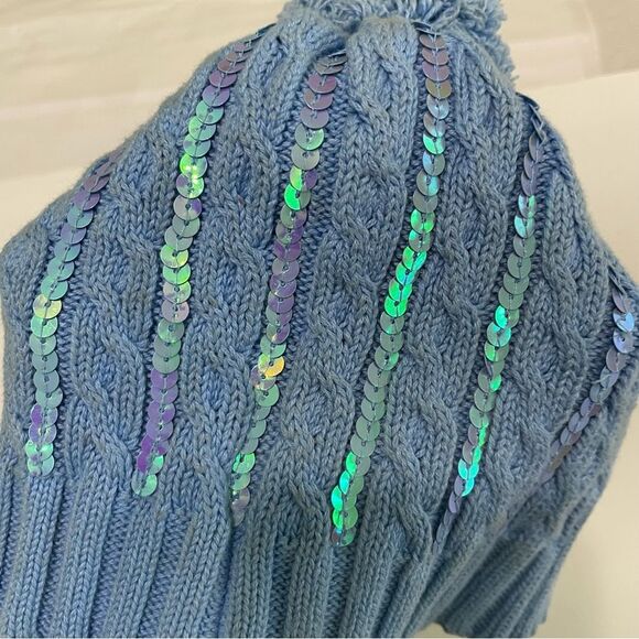 Children’s Place Cotton Cable Knit Winter Hat Blue Sequins Pom Girls Size 7-8 - Picture 4 of 10